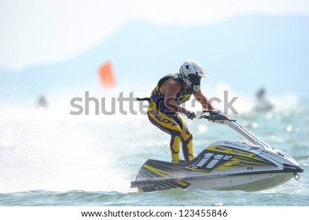 PATTAYA CITY THAILAND-DECEMBER 8:Trent Brown of Newzealand in action during moto2 class Pro Ski Open the Jetski  King\'s Cup World Cup Grand Prix at Jomtien Beach on Dec8, 2012 in,Thailand.