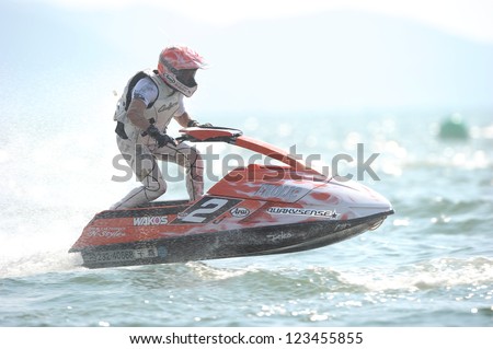 PATTAYA CITY THAILAND-DECEMBER 8:Mizuo Hidaka of Japan in action during moto2 class Pro Ski Open the Jetski  King\'s Cup World Cup Grand Prix at Jomtien Beach on Dec8, 2012 in,Thailand.