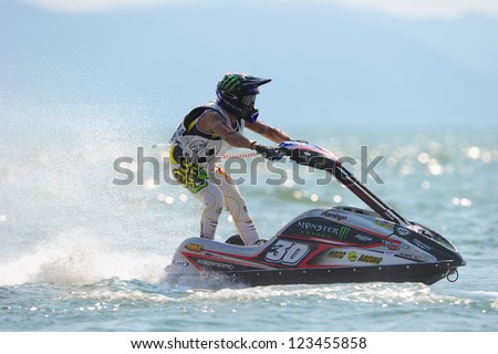 PATTAYA CITY THAILAND-DECEMBER 8:Chris Macclugage of USA in action during moto2 class Pro Ski Open the Jetski  King\'s Cup World Cup Grand Prix at Jomtien Beach on Dec8, 2012 in,Thailand.
