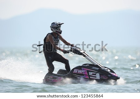 PATTAYA CITY THAILAND-DECEMBER 8:Hiromasa Kaneko of Japan in action during moto2 class Pro Ski Open the Jetski  King's Cup World Cup Grand Prix at Jomtien Beach on Dec8, 2012 in,Thailand.