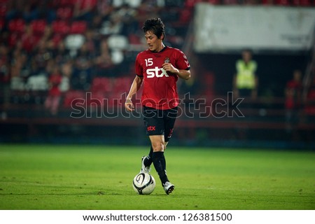 BANGKOK,THAILAND-JANUARY 22:Kim hyeung Bum of Gyeongnam FC in action during The Friendly Match between SCG Muangthong Utd.and Gyeongnam FC at SCG Stadium on Jan 22, 2013 in,Thailand.