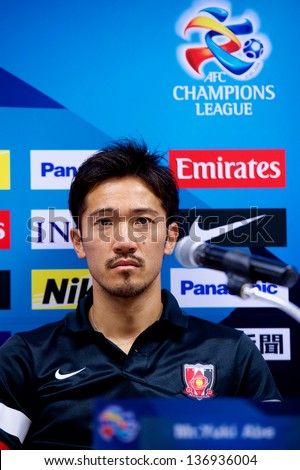 NONTHABURI,THAILAND-APRIL 29:Yuki Abe of Urawa Red Diamonds look on during press conference ahead of the AFC Champions League between Muangthong Utd. and Urawa Red Diamonds on Apr 29,2013 in,Thailand.