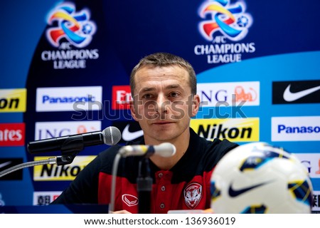 NONTHABURI,THAILAND-APRIL 29:Head Coach Slavisa  Jokanovic of MTUTD. attends a press conference ahead of the AFC Champions League  MTUTD. and Urawa Red Diamonds on Apr 29,2013 in,Thailand.