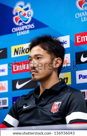 NONTHABURI,THAILAND-APRIL 29:Yuki Abe of Urawa Red Diamonds attends a press conference ahead of the AFC Champions League between Muangthong Utd. and Urawa Red Diamonds on Apr 29,2013 in,Thailand.