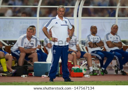 BANGKOK,THAILAND-JU LY17:Manager Jose Mourinho of Chelsea look on during the international friendly match Chelsea FC and Singha Thailand All-Star at the Rajamangala Stadium on July17,2013 in Thailand.