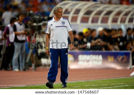BANGKOK,THAILAND-JULY17:Manager Jose Mourinho of Chelsea  reacts during the international friendly match Chelsea FC and Singha Thailand All-Star at the Rajamangala Stadium on July17,2013 inThailand.