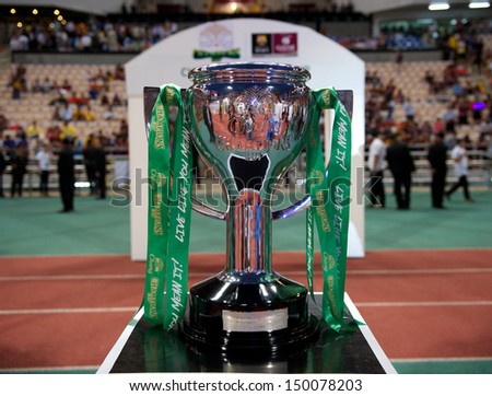 BANGKOK,THAILAND-AUGUST07:SThe trophy is seen during  the international friendly match between Thailand XI and FC Barcelona at Rajamangala Stadium on August 7,2013 in,Thailand.