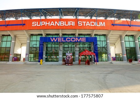 SUPHANBURI-THAILAND JANUARY 1:View of Suphanburi Stadium before the match Kor Royal Cup Buriram United.and Muangthong United at Suphanburi Stadium on January 1,2014 in,Thailand