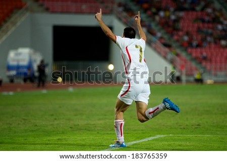 BANGKOK,THAILAND-MARCH: 05-:Hassan Maatouk of Lebanon run celebrates after scoring during the AFC Asian Cup 2015 Group B Qualifier Thailand and Lebanon at Rajamangala Stadium on March5,2014 in,Thailand.