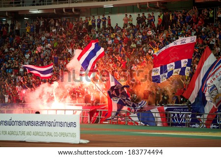 BANGKOK,THAILAND-MARCH: 05-Unidentified of Thailand Flag supporters during  the AFC Asian Cup 2015 Group B Qualifier between Thailand and Lebanon at Rajamangala Stadium on March5,2014 in,Thailand.