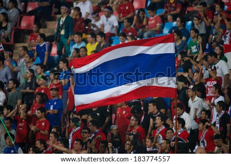 BANGKOK,THAILAND-MARCH 05:Unidentified of Thailand Flag supporters during  the AFC Asian Cup 2015 Group B Qualifier between Thailand and Lebanon at Rajamangala Stadium on March5,2014 in,Thailand.