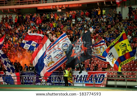 BANGKOK,THAILAND-MARCH: 05-Unidentified fans of Thailand Flag supporters during  the AFC Asian Cup 2015 Group B Qualifier between Thailand and Lebanon at Rajamangala Stadium on March5,2014 in,Thailand.