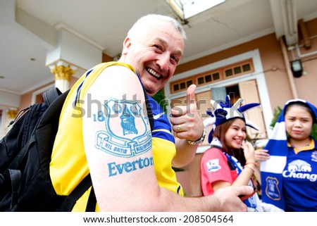 BANGKOK THAILAND JULY 27: Unidentified fan of  Everton supporters show tattoos logo during the pre-season match between Leicester City and Everton at Supachalasai Stadium on July27, 2014 in Thailand.