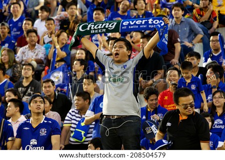 BANGKOK THAILAND JULY27: Unidentified fan of  Thailand show scarf supporters Everton during the pre-season match between Leicester City and Everton at Supachalasai Stadium on July27,2014 in Thailand.