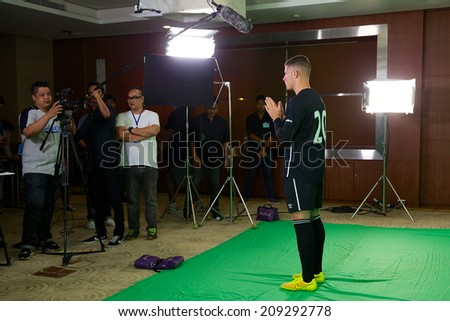 BANGKOK THAILAND JULY 26: Ross Barkley of Everton -Biehn behind the scenes at the Chang more good years Photo Shoot, Private Location on July 26, 2014 in Bangkok, Thailand.