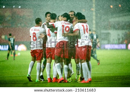 BANGKOK THAILAND-Jul 30: Players  of UD Almeria celebrates during the LFP World Challenge 2014 between Muangthong UTD. and UD Almeria at SCG Stadium on July 30,2014 in Thailand.