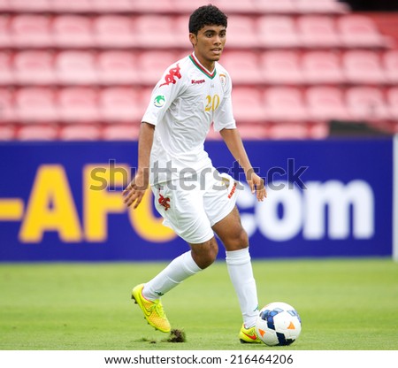 NONTHABURI THAILAND-SEPTEMBER 06:Salaah Said Salim Al Yahyaei of Oman in action during the AFC U-16 Championship between Korea Republic and Oman at Muangthong Stadium on Sep 06, 2014, Thailand