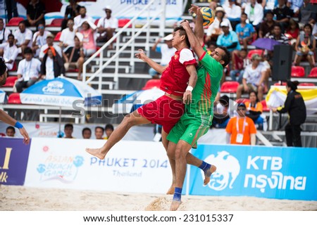 PHUKET THAILAND-NOVEMBER15:Goalkeeper Hussain Ali (R) of Kuwait in action during the Beach Soccer match between Kuwait and Vietnam the 2014 Asian Beach Games at Saphan Hin on Nov 15,2014 in Thailand