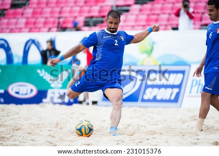 PHUKET THAILAND-NOVEMBER15: Mohamme HAajeyah of Kuwait in action during the Beach Soccer match between Kuwait and Vietnam the 2014 Asian Beach Games at Saphan Hin on November15,2014 in Thailand