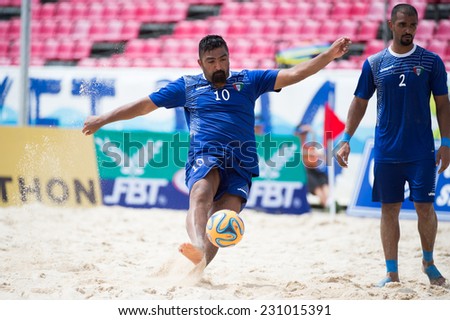 PHUKET THAILAND-NOVEMBER15:Mohammad Hussain no.10 of Kuwait in action during the Beach Soccer match between Kuwait and Vietnam the 2014 Asian Beach Games at Saphan Hin on November15,2014 in Thailand