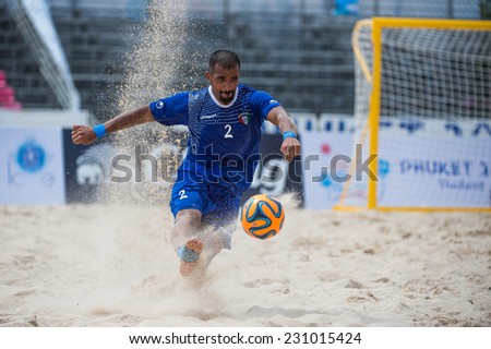PHUKET THAILAND-NOVEMBER15:Mohammed Hajeyah of Kuwait in action during the Beach Soccer match between Kuwait and Vietnam the 2014 Asian Beach Games at Saphan Hin on November15,2014 in Thailand