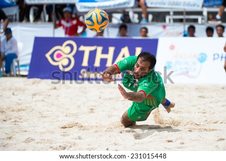PHUKET THAILAND-NOVEMBER15:Hussain Ali (GK) of Kuwait in action during the Beach Soccer match between Kuwait and Vietnam the 2014 Asian Beach Games at Saphan Hin on November15,2014 in Thailand