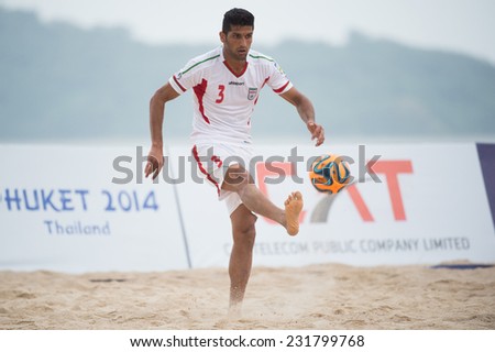 PHUKET THAILAND-NOVEMBER19:Hassan Abdollahi Mobarhan of Iran in action during the Beach Soccer match between Thailand and Iran the 2014 Asian Beach Games at Saphan Hin on Nov 19,2014 in Thailand