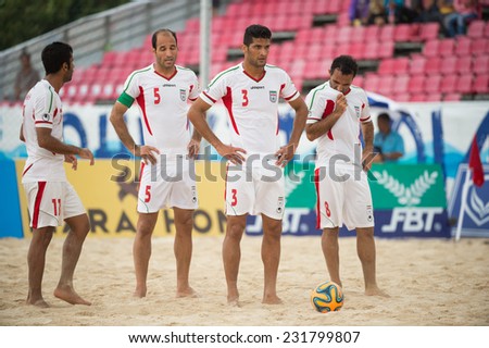 PHUKET THAILAND-NOVEMBER19:Players of Iran in action during the Beach Soccer match between Thailand and Iran the 2014 Asian Beach Games at Saphan Hin on Nov 19,2014 in Thailand