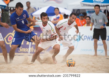 PHUKET THAILAND-NOVEMBER19:Mohammad Ahmadzadeh no.11 of Iran in action during the Beach Soccer match between Thailand and Iran the 2014 Asian Beach Games at Saphan Hin on Nov 19,2014 in Thailand
