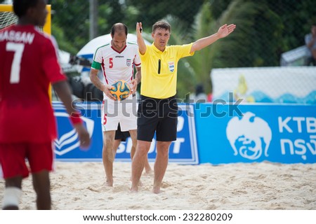 PHUKET THAILAND-NOVEMBER20 :Unidentified Referee of Iran in action during the Beach Soccer match between UAE and Iran the 2014 Asian Beach Games at Saphan Hin on Nov 20,2014 in Thailand