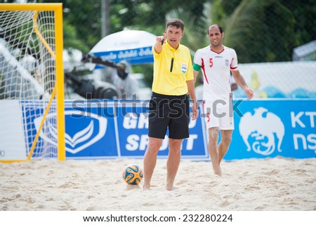 PHUKET THAILAND-NOVEMBER20 :Unidentified Referee of Iran in action during the Beach Soccer match between UAE and Iran the 2014 Asian Beach Games at Saphan Hin on Nov 20,2014 in Thailand