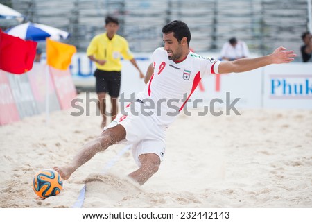 PHUKET THAILAND-NOVEMBER20 : MOKHTARI H Mohammadali  of Iran  in action during the Beach Soccer match between UAE and Iran the 2014 Asian Beach Games at Saphan Hin on Nov 20,2014 in Thailand