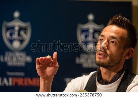 BANGKOK, THAILAND - DECEMBER 03: Hidetoshi Nakata speaks to the media during a press conference in the lead up to the Global Legends Series, at the Swissotel, on Dec3, 2014 in Bangkok, Thailand.