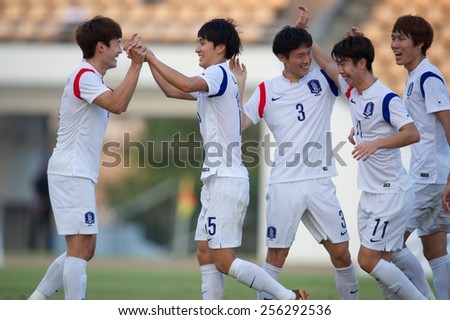 NAKHONRATCHASIMA THAILAND-FEB 04:Lee Woohyeok (L2) of South Korea celebeates during during the 43rd King\'s cup between Honduras and South Korea at Nakhon ratchasima stadium on Feb 04,2015 in Thailand.