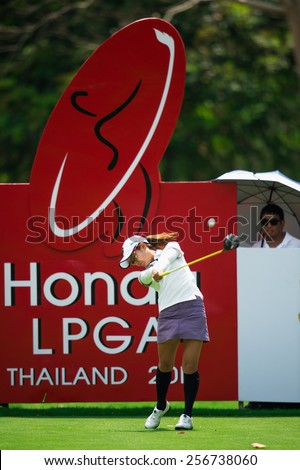 PATTAYA, THAILAND: Ai Miyazato of Japan tees off on the9th hole during day one of the Honda LPGA Thailand 2015 at Siam Country Club, Pattaya on Feb 26,2015 in Thailand.