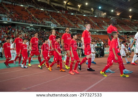 BANGKOK THAILAND JULY 14 :Liverpool team first eleven lineup walks  during the international friendly match Thai All Stars and Liverpool FC at Rajamangala Stadium on July14,2015 in,Thailand.
