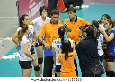 BANGKOK,THAILAND - AUG 19 :Head coach and players of THA during the match between THA and ARG of the 2011 FIVB World Grand Prix at Thai-Japanese Stadium on Aug. 19,2011 in Bangkok, Thailand