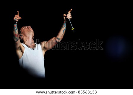 BANGKOK, THAILAND-SEPTEMBER 23: Chester Bennington of Linkin Park performs on Linkin Park Live in Bangkok A Thousand Suns World Tour 2011 at Impact Maungthong Thani, September 23, 2011 in Bangkok, Thailand