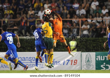 BANGKOK THAILAND - NOV 15:Thailand goal keeper S.Hathairattanakool in action during The FIFA WORLD CUP 2014 between Thailand(B) and Australia (Y) at Supachalasai Stadium on Nov 15, 2011  Thailand.