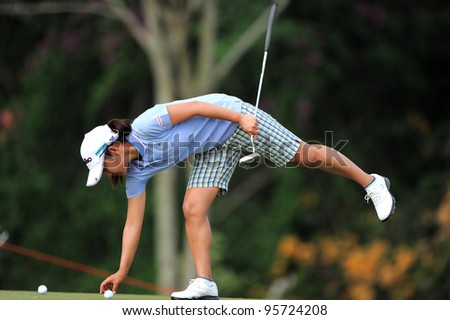 PATTAYA THAILAND-FEBRUARY 16: Ai Miyazato of Japan in action during hole 17 the first round of Honda LPGA  2012 on February 16,2012 at Siam Country Club Old Course in Pattaya,Thailand