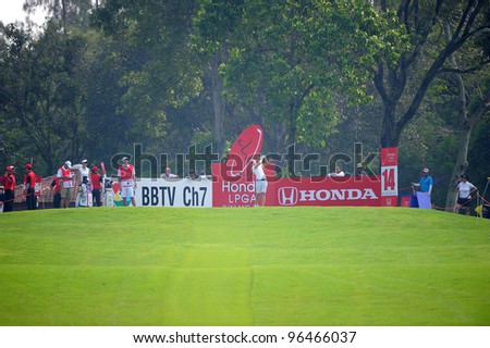 PATTAYA, THAILAND-FEBRUARY 16:Suzann Pettersen of the Norway hits the ball as tees off during the first round the Honda LPGA 2012 on February16,2012 at Siam Country Club Old Course in Pattaya,Thailand
