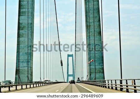 The Great Belt Bridge (The East Bridge) in Denmark that runs between the Danish islands of Zealand and Funen.
