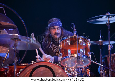 ANAHEIM, CA - JUNE 18: Jim Kersey of Led Zeppelin tribute band, Led Zepagain, holds down the beat at The Grove in Anaheim, CA on June 18, 2011.