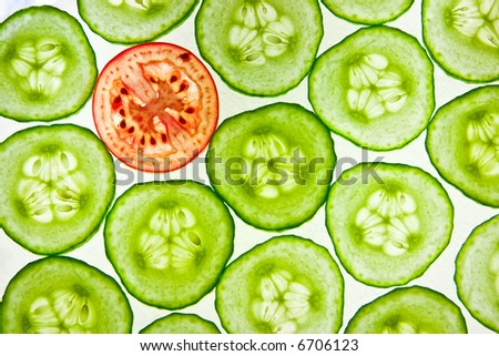 cucumber slices and one tomato slice
