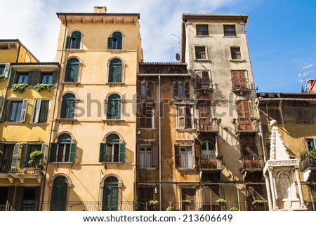 VERONA,ITALY-APRIL 26,2012: The oldest building located in Piazza delle Erbe, the oldest square in Verona during a sunny day.