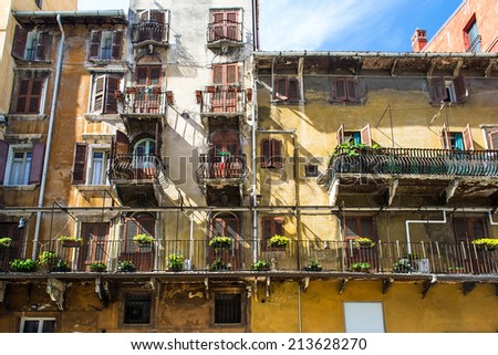 VERONA,ITALY-APRIL 26,2012: The old building located in Piazza delle Erbe, the oldest square in Verona during a sunny day.