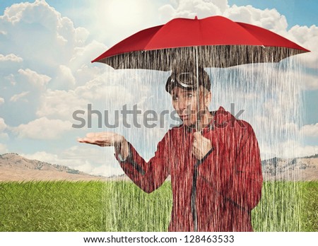 a girl caught in a rain shower under her umbrella