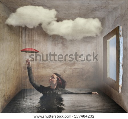 A Woman In A Box With A Rain Cloud Holding An Umbrella