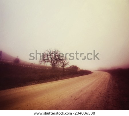 a dirt road in the fog on an autumn day toned with a retro vintage instagram filter effect
