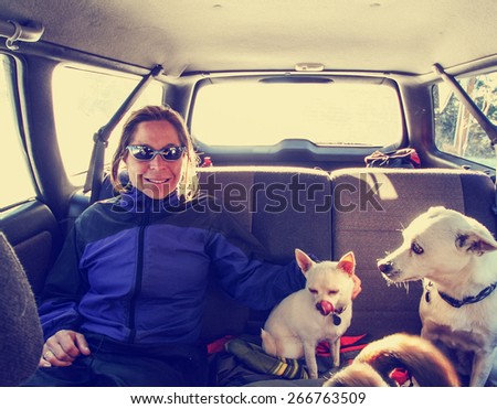 a snapshot of a girl in the back seat of a car with 3 dogs on a winter day toned with a retro vintage instagram filter effect app or action